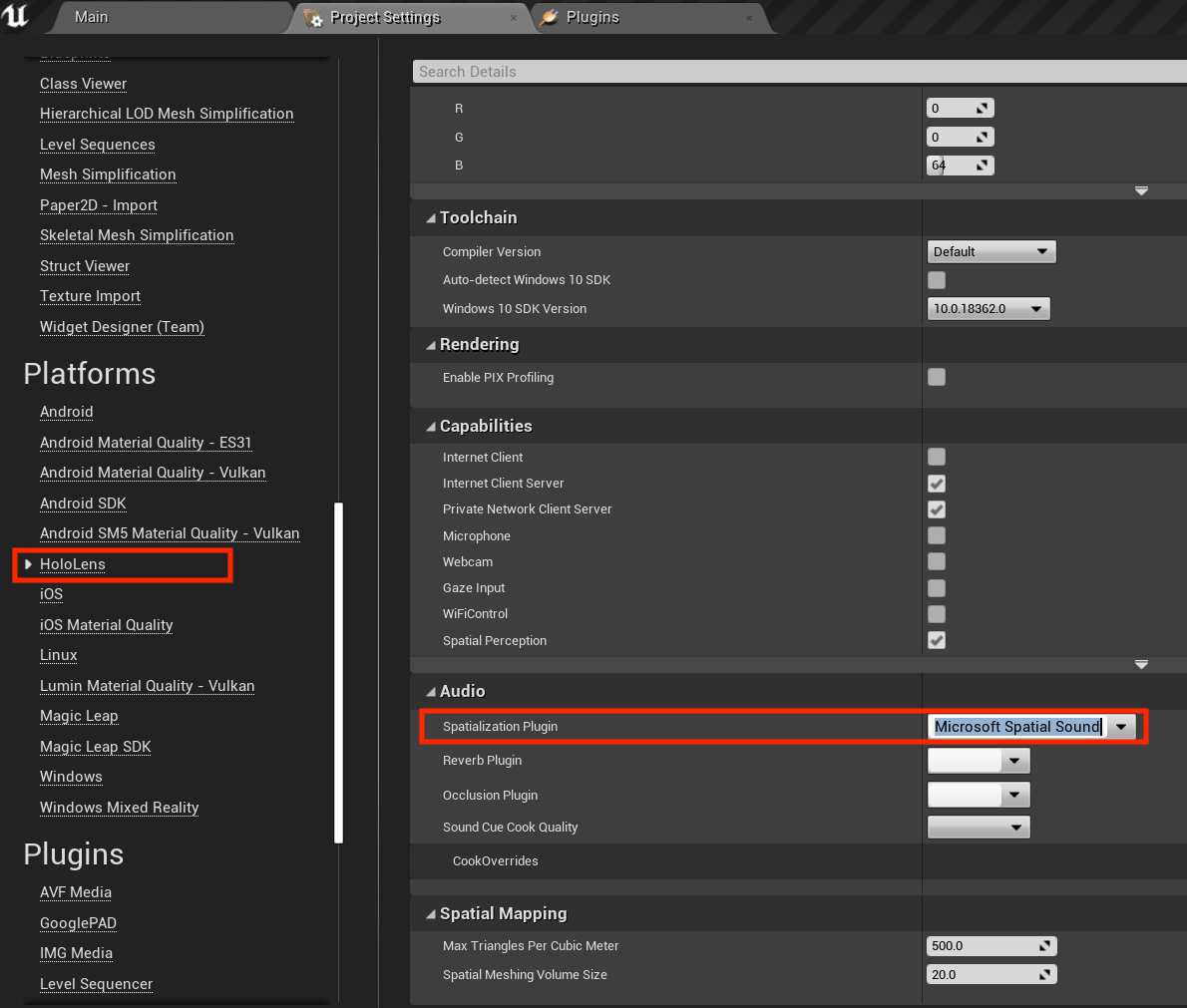 Spatialization plugin for HoloLens platform