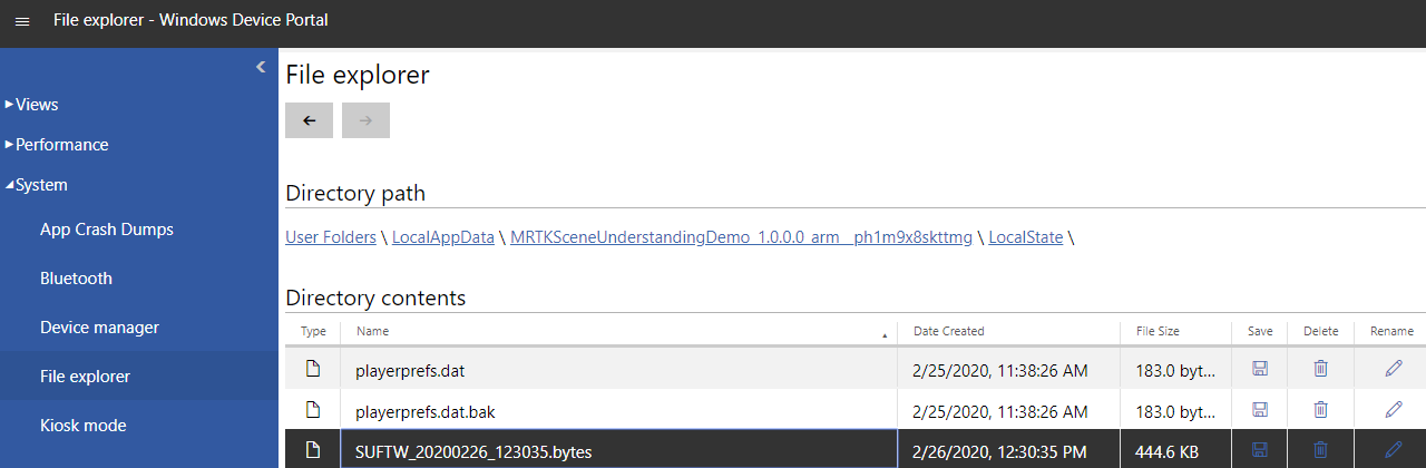 Device Portal location of bytes file