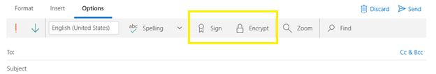 Screenshot of the Windows Mail app, showing the options to sign or encrypt message.