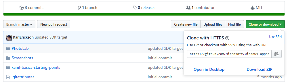 The Clone or download menu on the PhotoLab sample's GitHub page