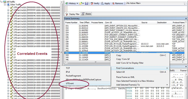 Screenshot that shows the Network Monitor, with correlated events highlighted in the left window and UTEvent highlighted from the drop-down.