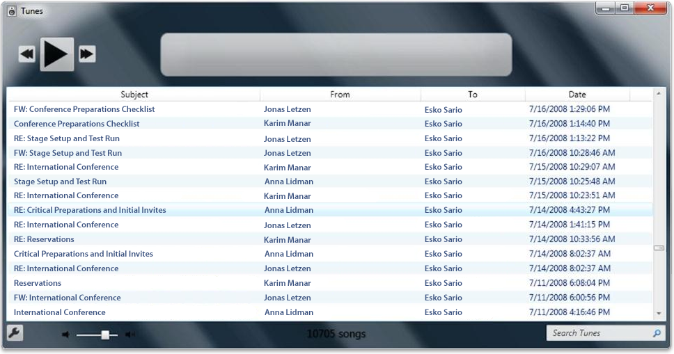 screen shot of media player application showing email messages