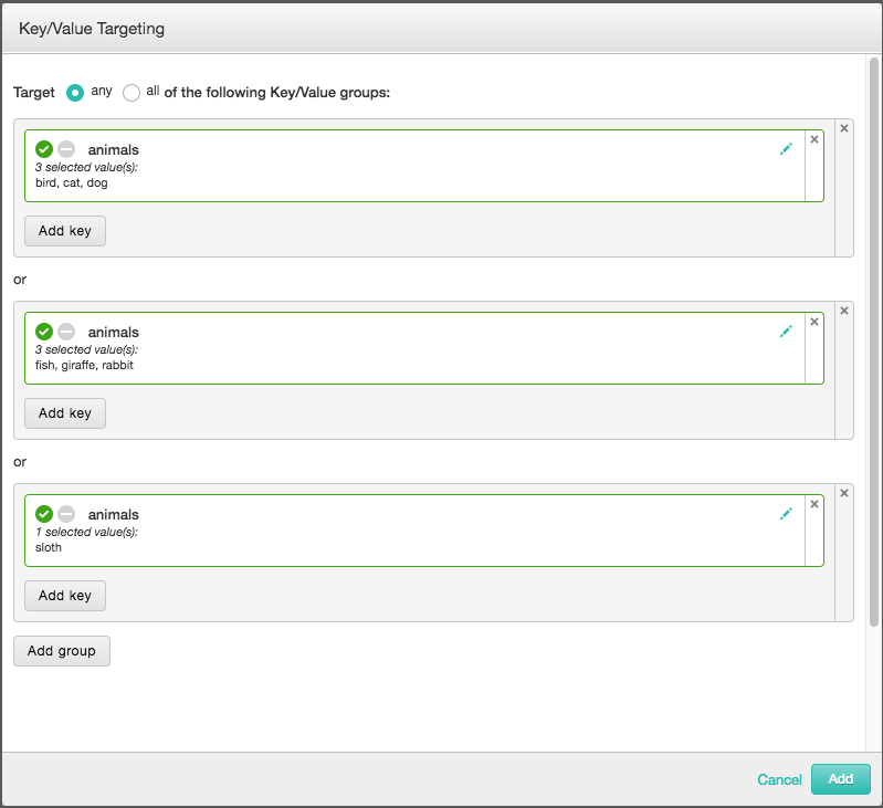 A screenshot of the key/value targeting dialog with examples of individual values to target.