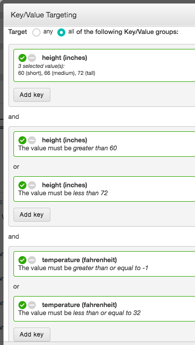 A screenshot of the key/value targeting dialog with examples of numeric targeting.