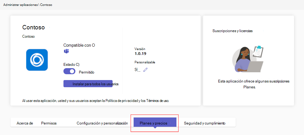 Captura de pantalla que muestra los planes de pago de una aplicación en el Centro de administración de Teams.