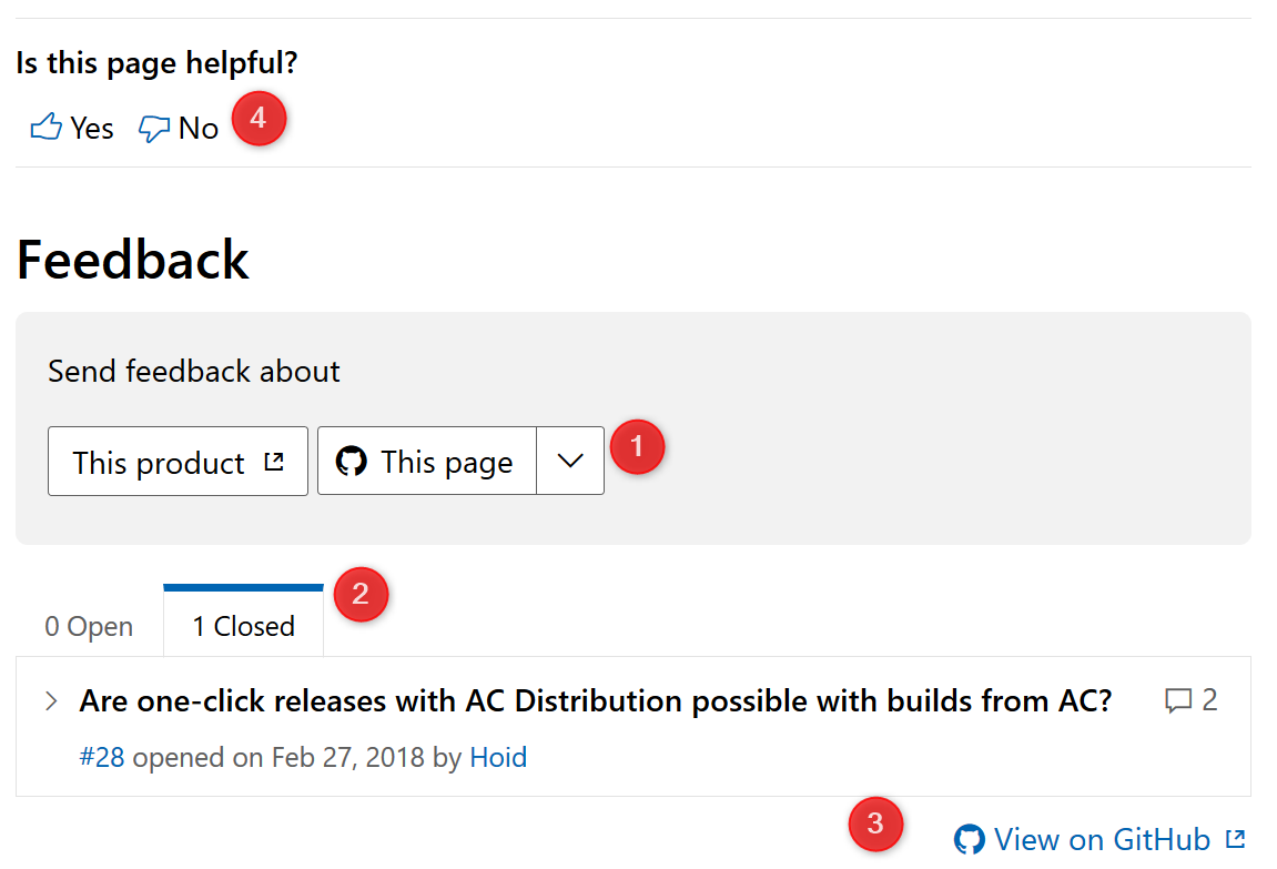 Opciones de comentarios de la documentación de App Center