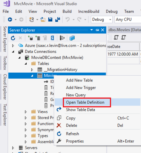 Screenshot that shows the Server Explorer window. The Movies right click menu is open. Open Table Definition is selected and circled in red.