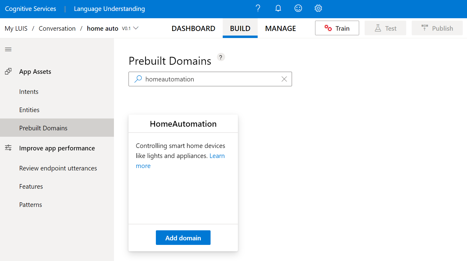 Seleccione Prebuilt domains (Dominios creados previamente) y busque 