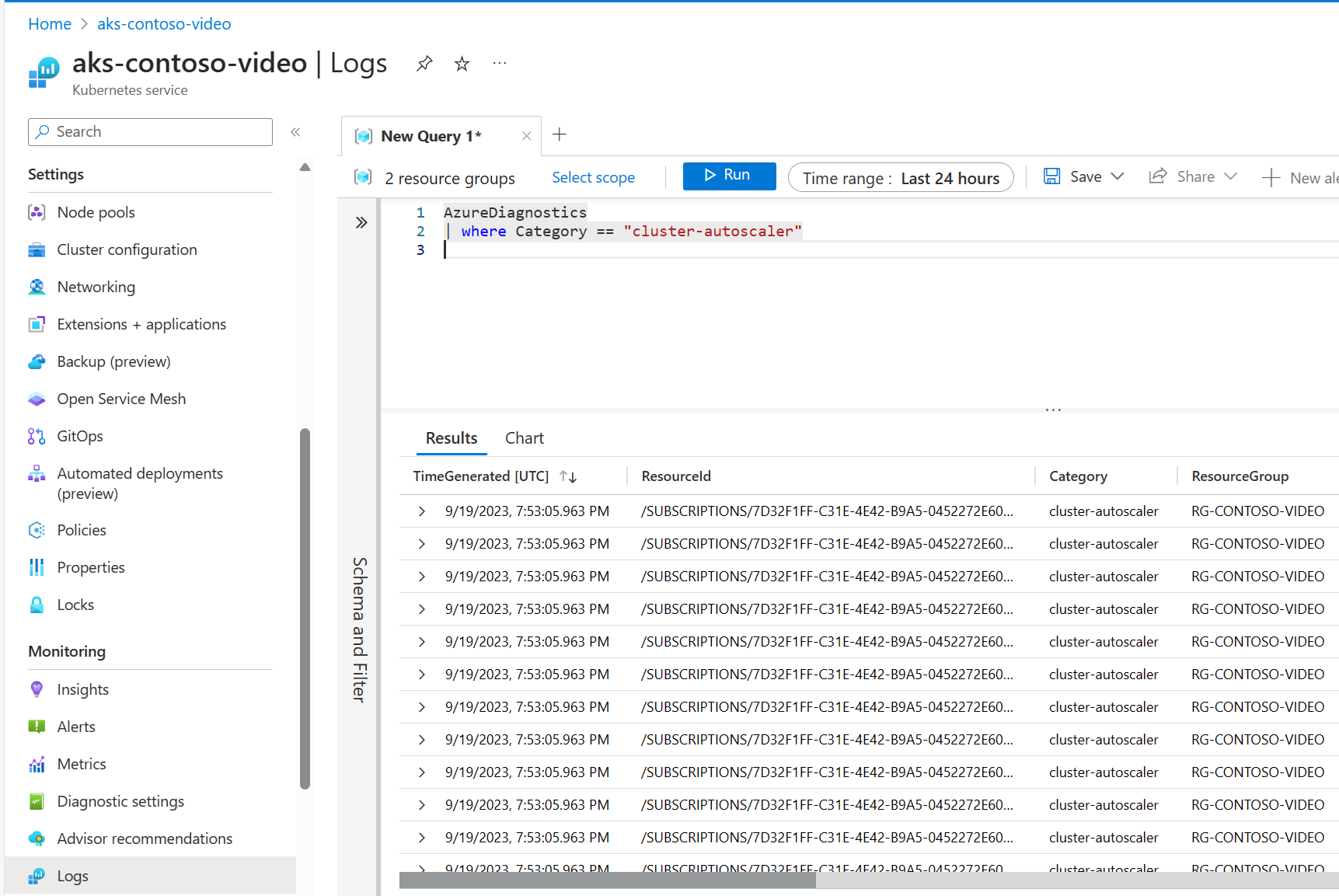 Captura de pantalla de registros de Log Analytics.