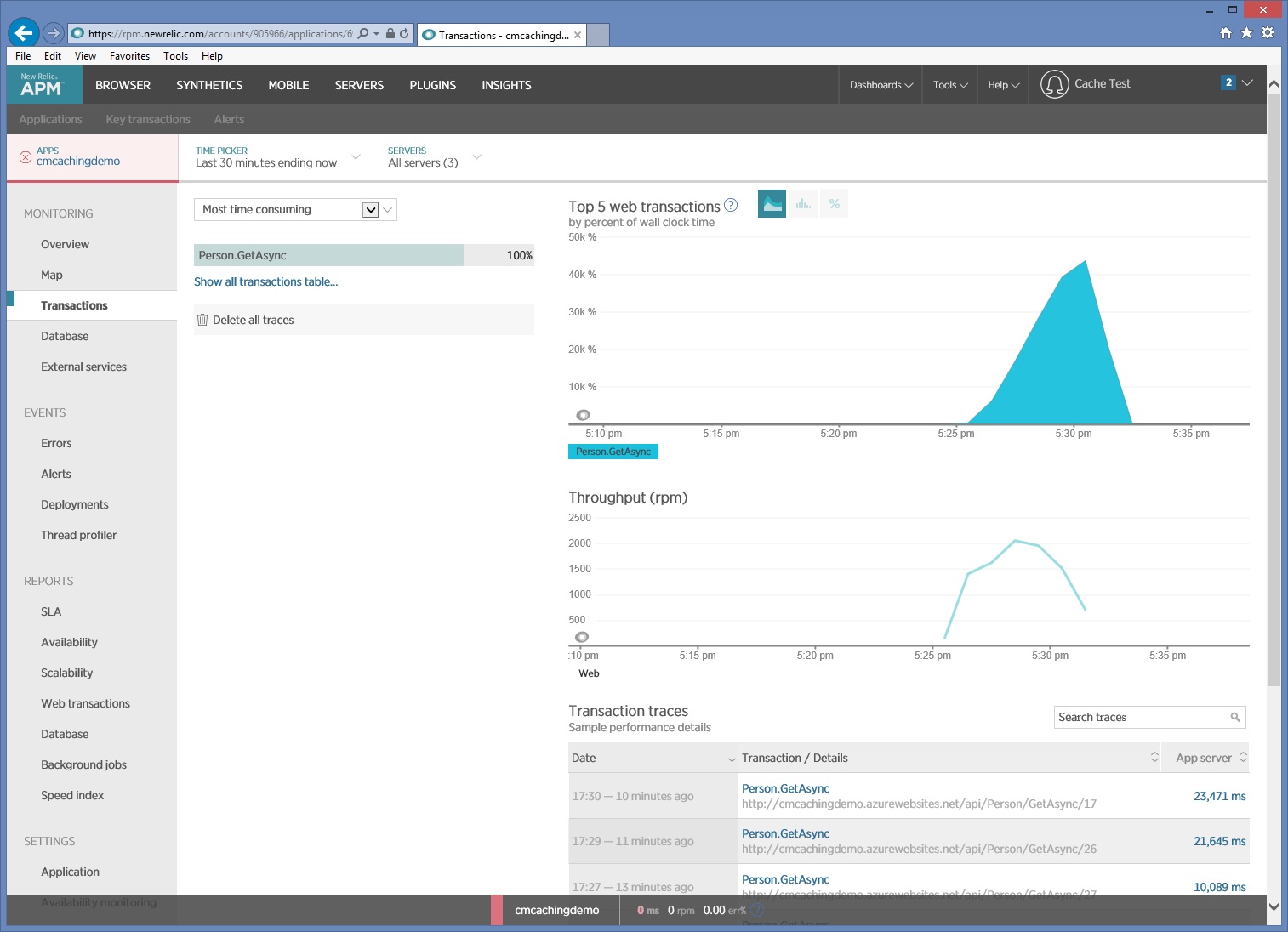 New Relic que muestra las solicitudes de servidor para la aplicación CachingDemo