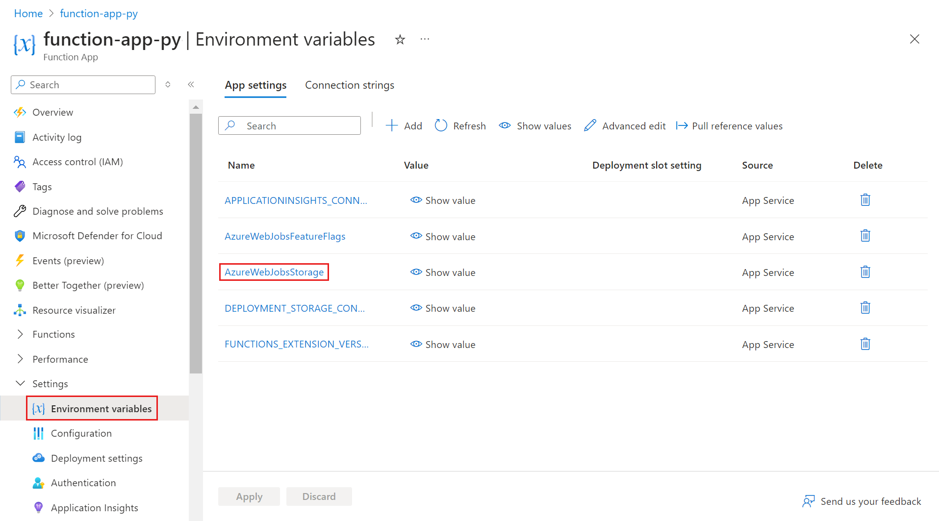 Screenshot shows the Configuration page with AzureWebJobsStorage selected.