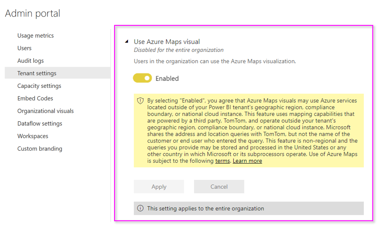 Portal de administración de Power BI que muestra la configuración de inquilino para el objeto visual de Azure Maps.