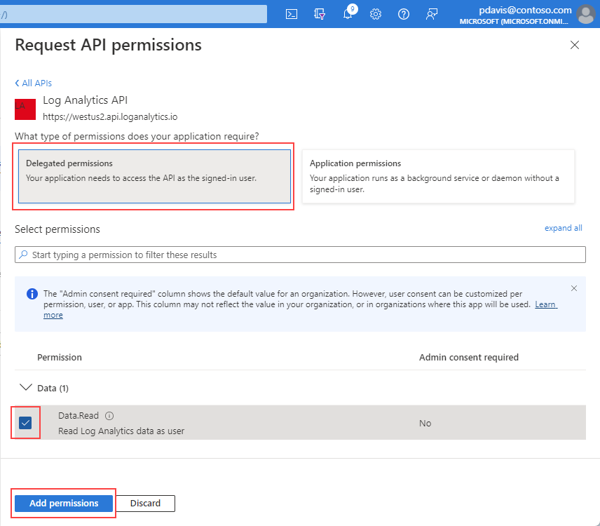 Captura de pantalla que muestra la continuación de la página Solicitar permisos de API.