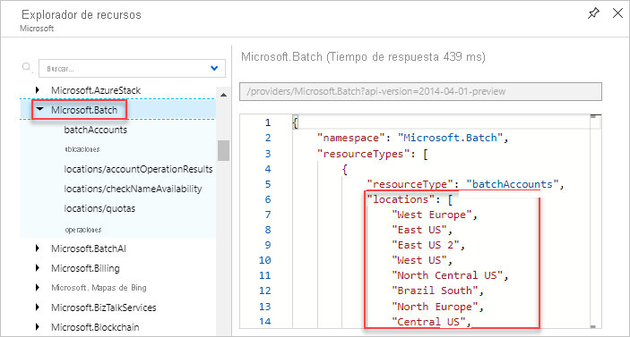 Captura de pantalla que muestra las ubicaciones válidas de un tipo de recurso en Azure Resource Explorer.