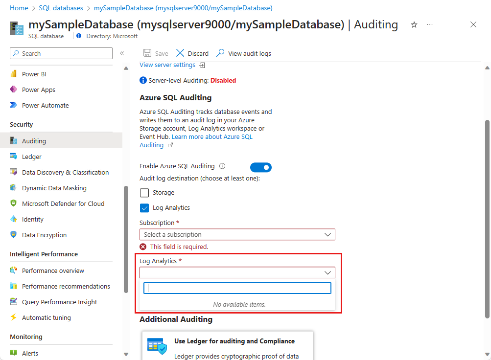 Captura de pantalla que muestra el área de trabajo de Log Analytics.