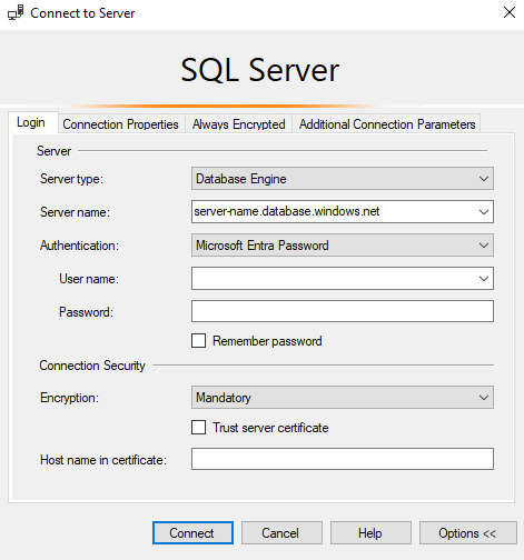 Captura de pantalla de SSMS mediante la autenticación de contraseña de Microsoft Entra.