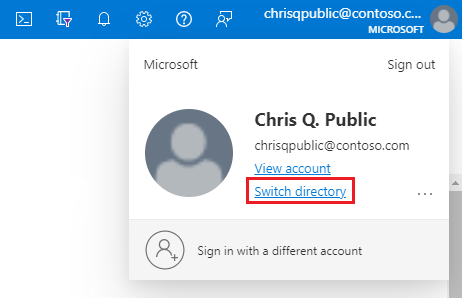 Captura de pantalla del portal de Azure que muestra dónde cambiar el directorio.