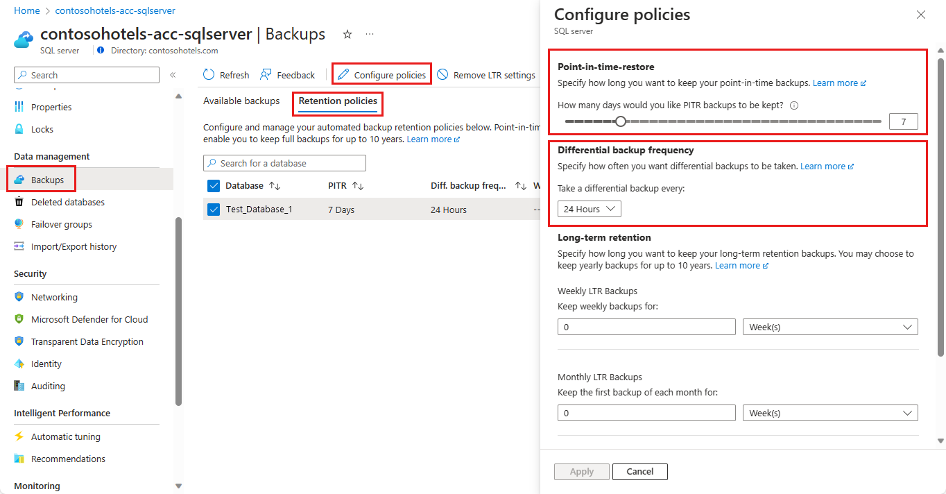 Captura de pantalla del Azure Portal, donde se puede cambiar la configuración de retención de PITR a nivel de servidor. 