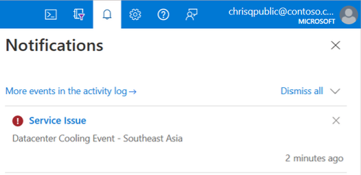 Captura de pantalla de una notificación de Azure Portal sobre un problema del servicio de Azure SQL Database.