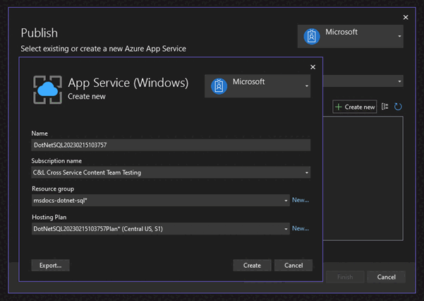 Captura de pantalla que muestra cómo realizar una implementación con Visual Studio.