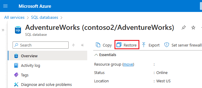 Captura de pantalla de la opción de restauración resaltada en la página de información general de SQL Database en Azure portal.