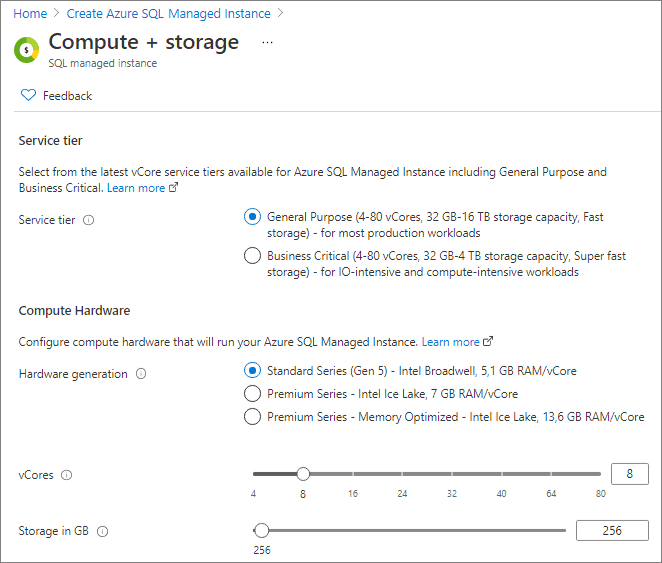 Captura de pantalla del Azure Portal que muestra dónde configurar SQL Managed Instance.