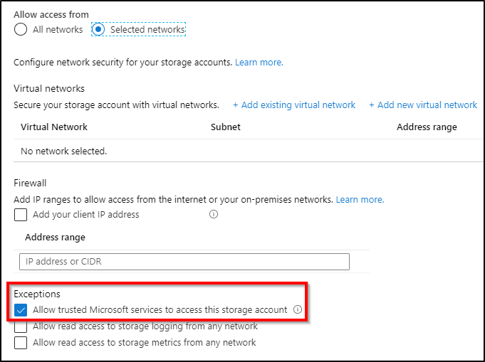 Captura de pantalla que muestra el cuadro de diálogo Firewall y redes virtuales, con la opción Permitir que los servicios de Microsoft de confianza accedan a esta cuenta de almacenamiento seleccionada.