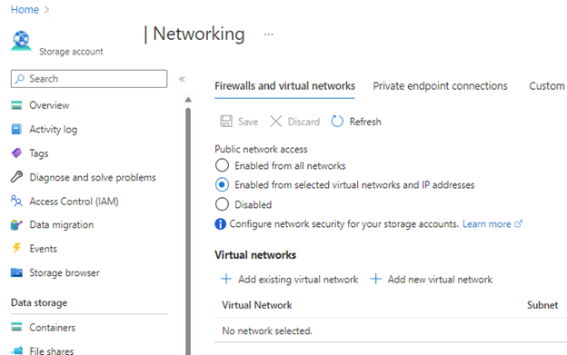 Captura de pantalla que muestra la configuración para firewalls y redes virtuales.