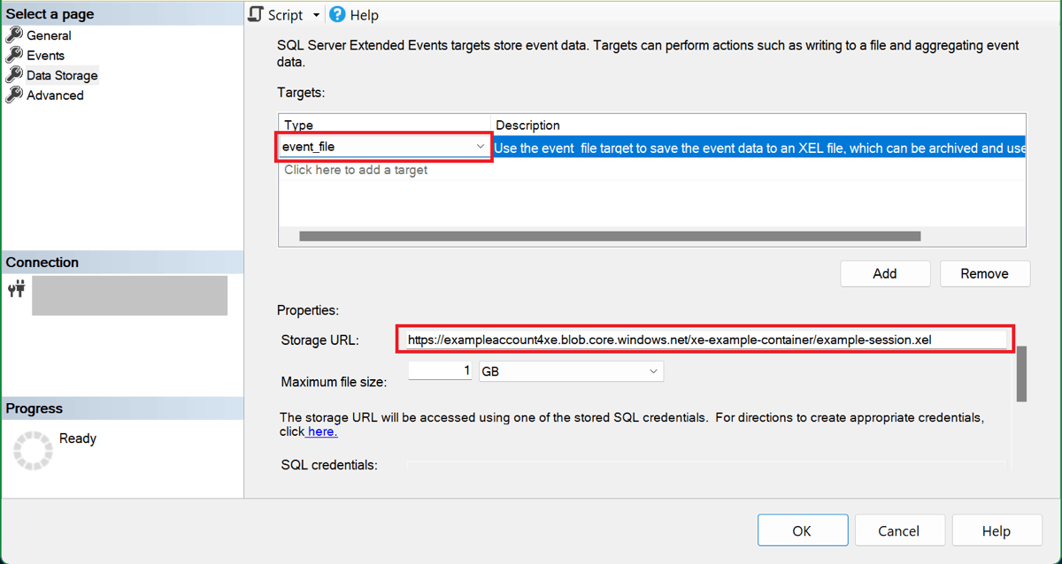 Captura de pantalla del cuadro de diálogo Nueva sesión de SSMS en la que se muestra la página de selección de almacenamiento de datos con un destino de event_file seleccionado y una dirección URL de almacenamiento especificada.