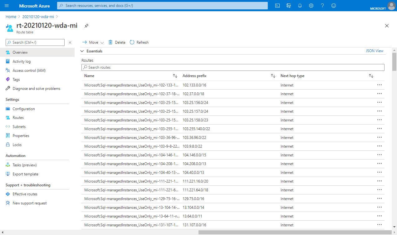 Captura de pantalla de la entrada de una subred de SQL Managed Instance a local en el Azure Portal.