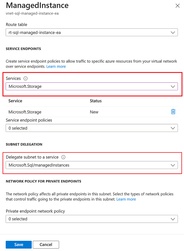 Captura de pantalla de la página de configuración de subred de instancia administrada de SQL del Azure Portal.