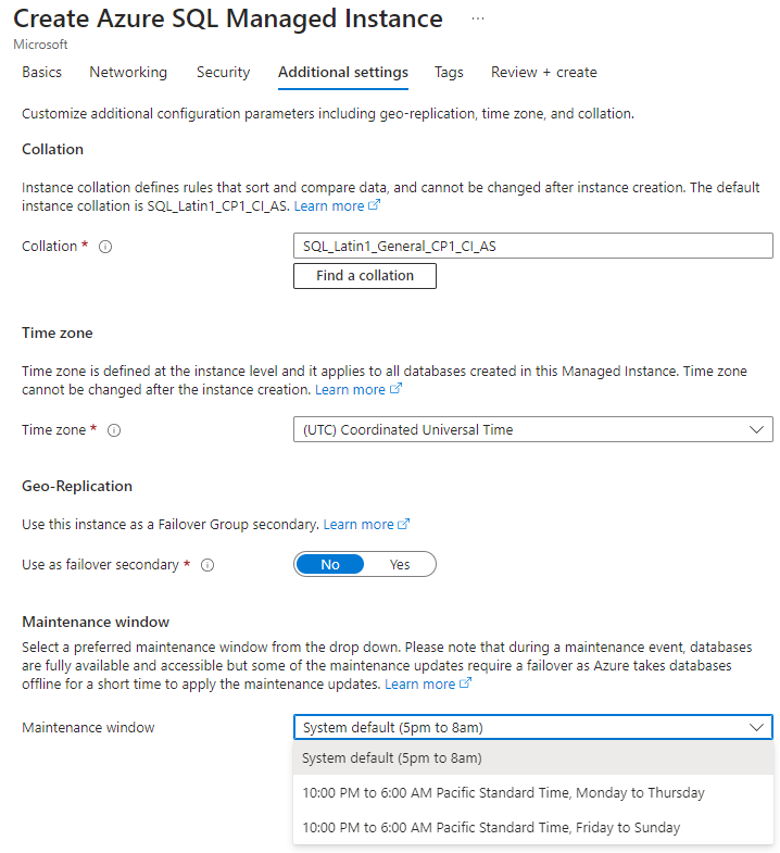 Captura de pantalla de Azure Portal. En la pestaña Crear instancia administrada de Azure SQL, Configuración adicional, la lista desplegable Ventana de mantenimiento se abre.