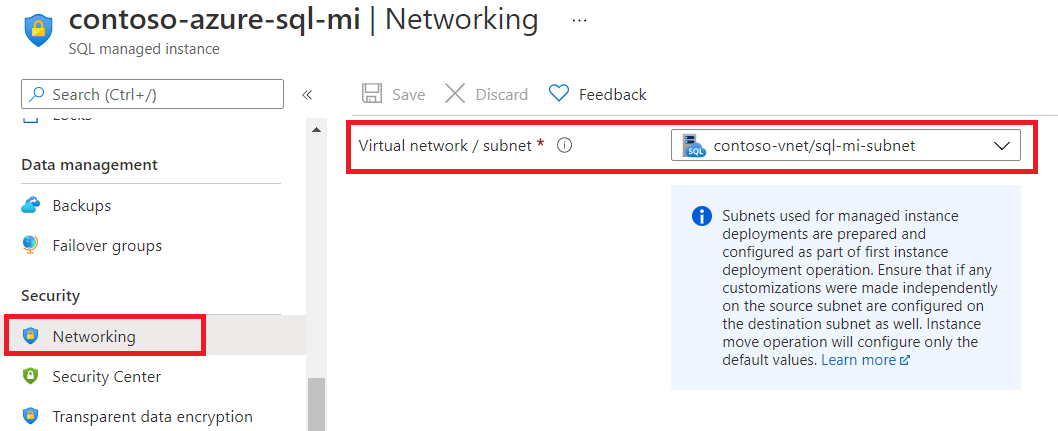 Instrucciones para seleccionar la subred en el panel Redes de SQL Managed Instance