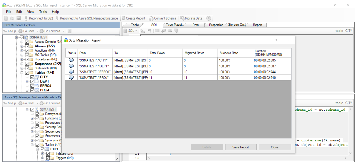 Captura de pantalla que muestra dónde revisar el informe de migración de datos.