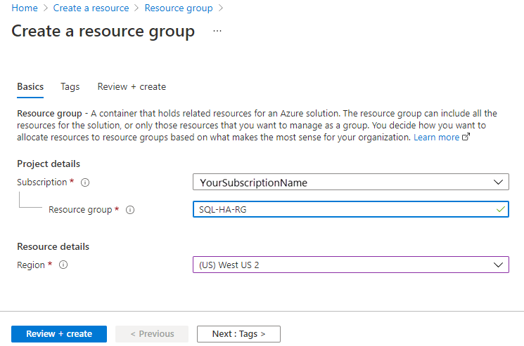 Rellene los valores para crear el grupo de recursos en Azure Portal.