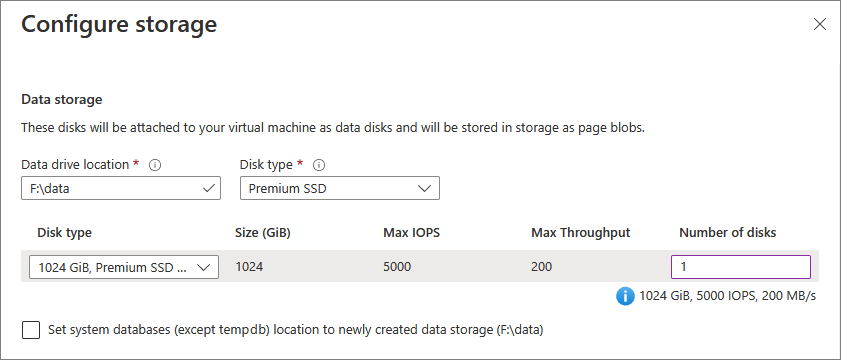 Captura de pantalla que muestra dónde puede configurar el almacenamiento de archivos de datos para su máquina virtual con SQL.