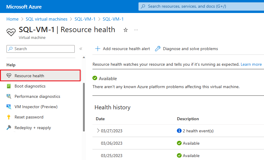 Captura de pantalla de la página Resource Health en Azure Portal.