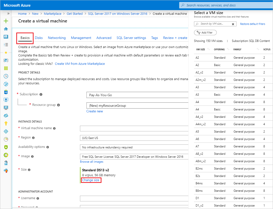 Panel Elegir un tamaño de VM