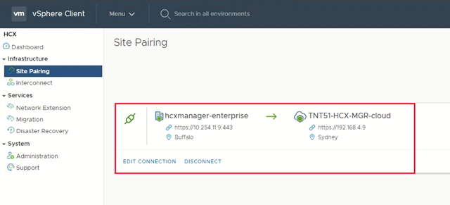 Captura de pantalla del emparejamiento de sitios entre HCX Manager en Azure VMware Solution y VMware HCX Connector.