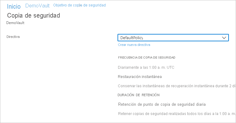 Captura de pantalla en la que se muestra la directiva de copia de seguridad de registros.