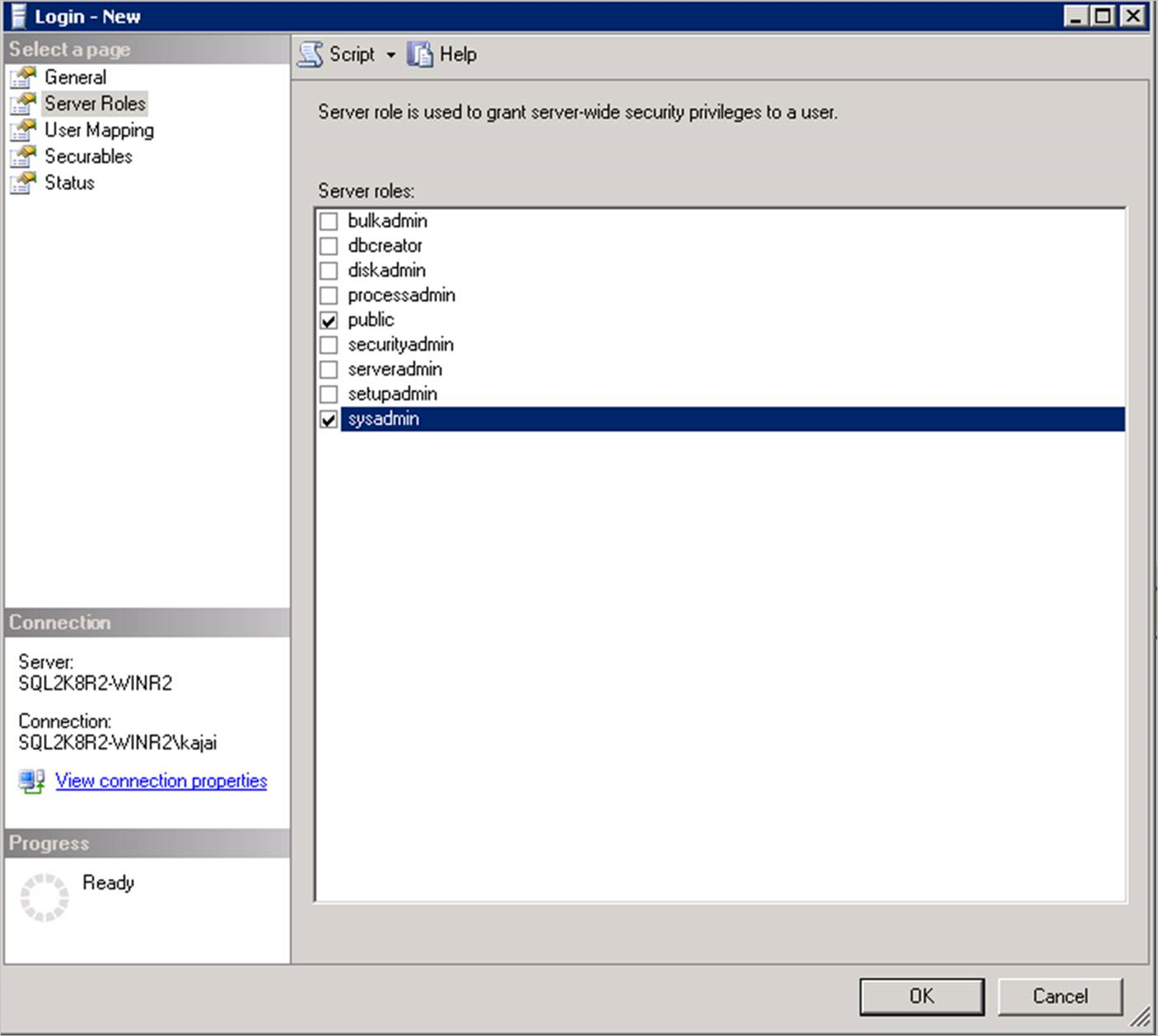 Elegir de roles en SSMS