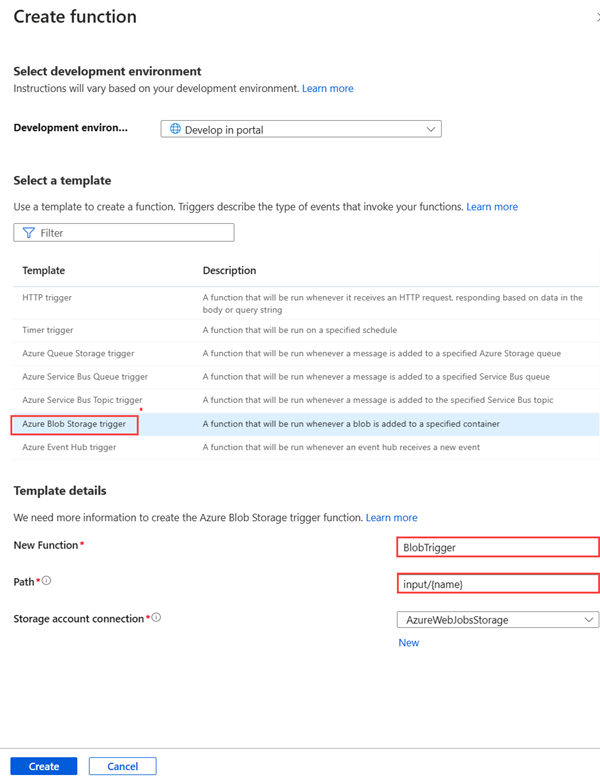 Captura de pantalla del panel Crear función que destaca la opción de desencadenar Azure Blob Storage y los campos Nueva función y Ruta.