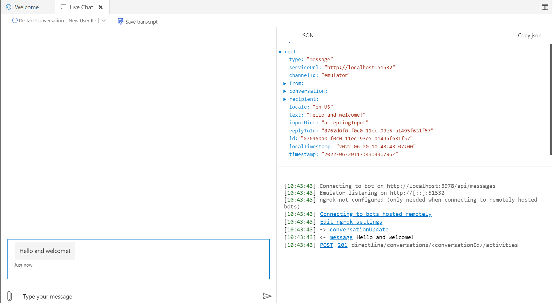 JSON de actividad de mensaje del emulador