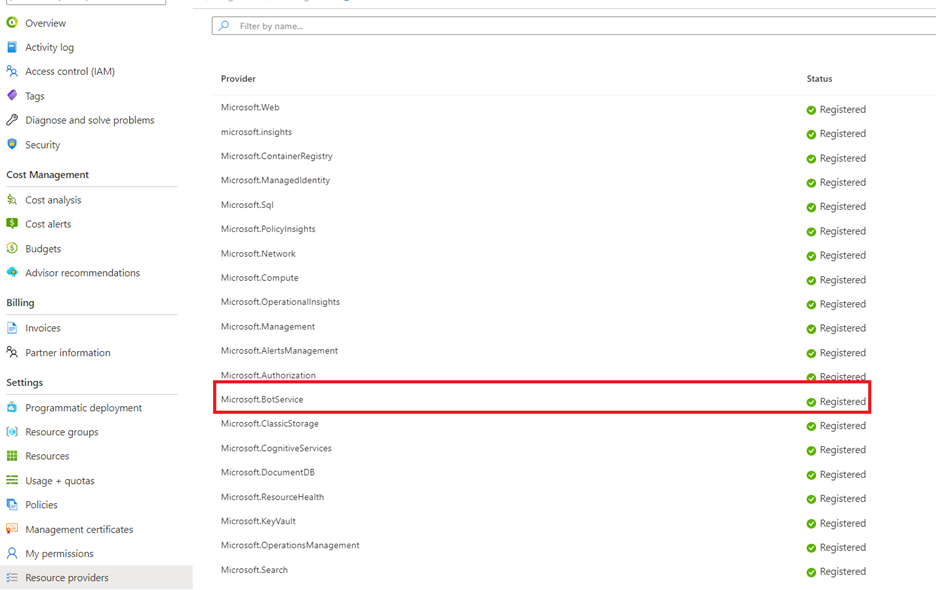 Microsoft.BotService registered as a resource provider
