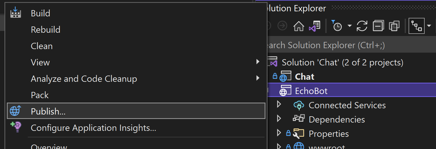 Captura de pantalla que muestra la publicación de la aplicación web desde Visual Studio.