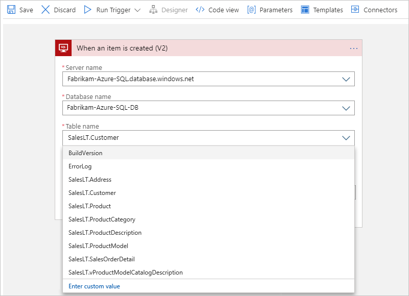 Captura de pantalla que muestra la información de la base de datos en la nube de SQL con valores de ejemplo para Consumo.