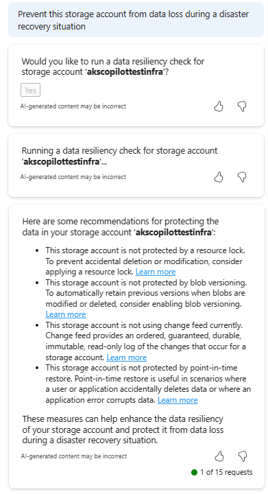Screenshot showing Microsoft Copilot in Azure providing suggestions to improve storage account data resiliency.