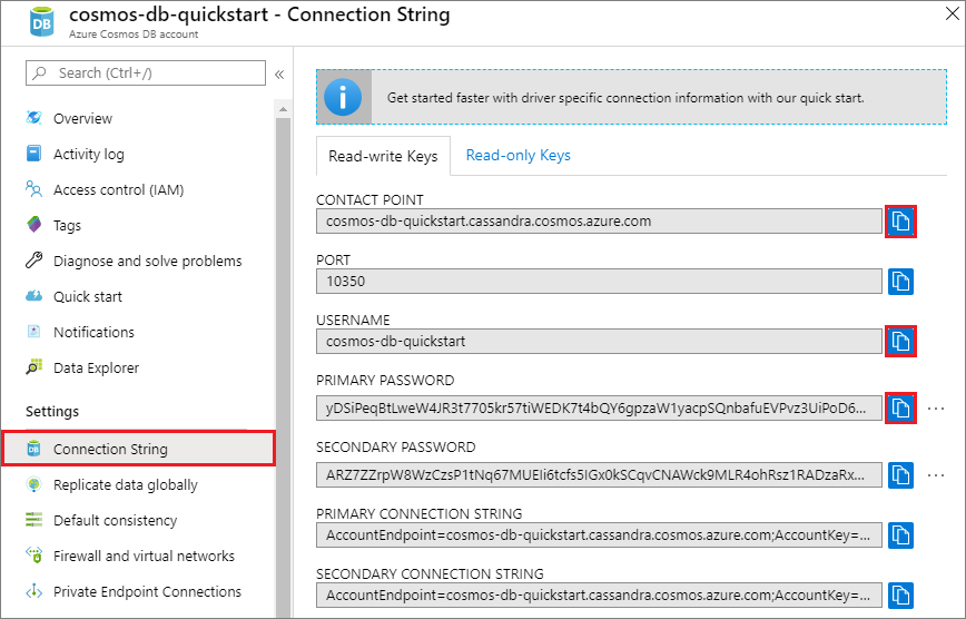 Visualizar y copiar un nombre de usuario de Azure Portal, página Cadena de conexión