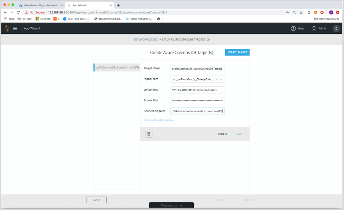 Configuración de los parámetros de destino