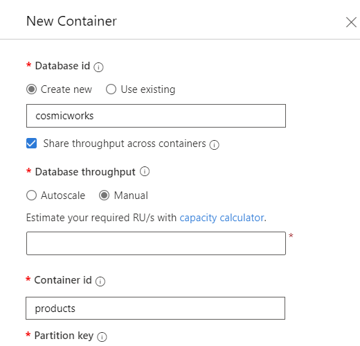 Captura de pantalla del cuadro de diálogo Nuevo contenedor en el Data Explorer con varios valores en cada campo.